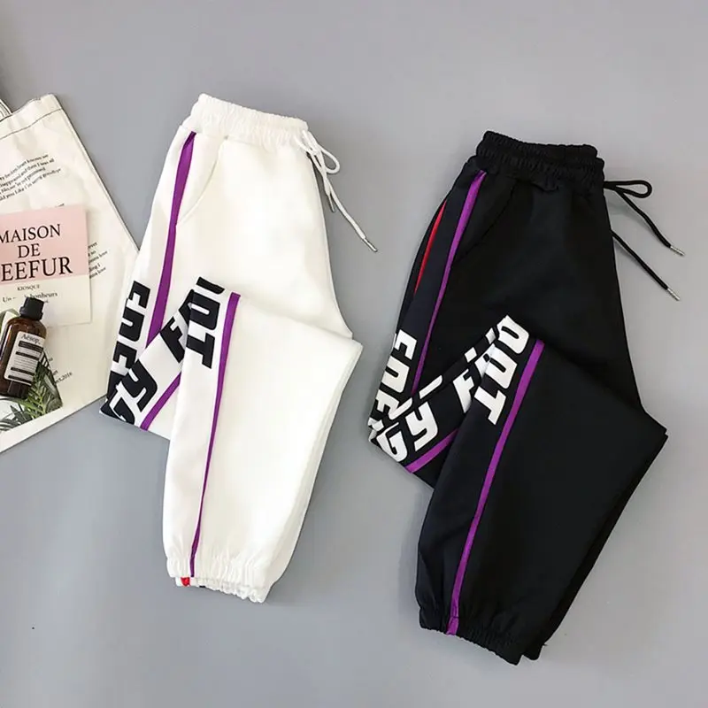 

Casual Fall 2019 Korean Style Plus Size Black Women Pants Harajuku Loose High Waist Letter Print Lace Up Female Harem Pants