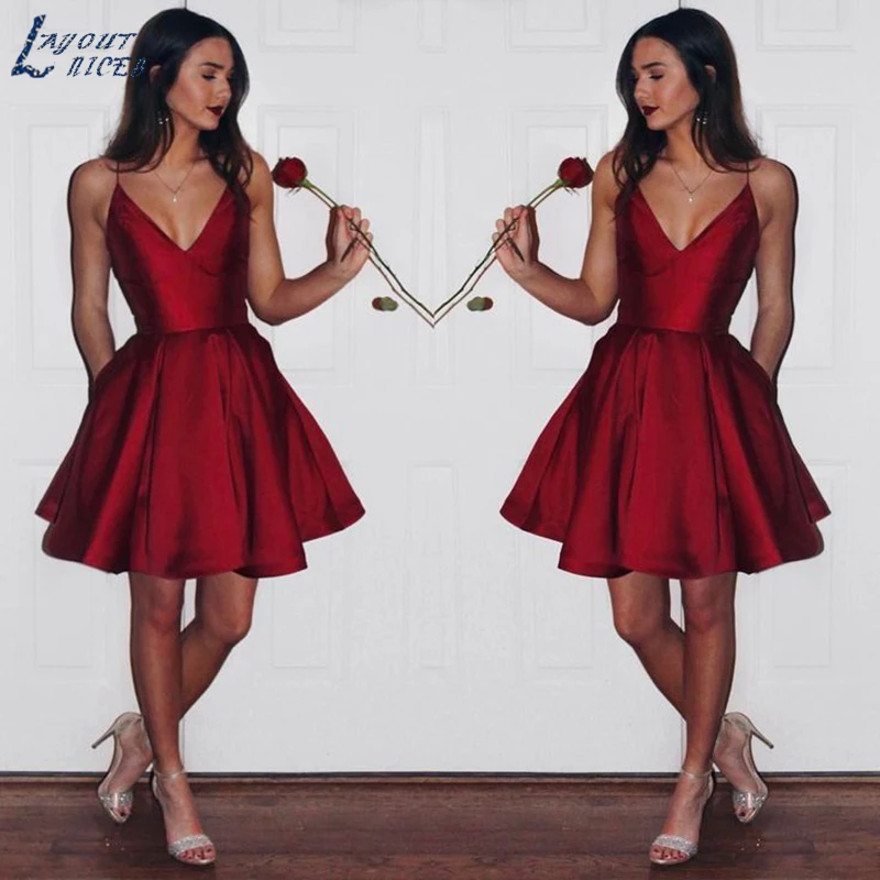 

SHJ608 Burgundy 2019 Custom Made Elegant Prom Dresses A-line V-neck Satin Sexy Party Plus Size Homecoming Dresses