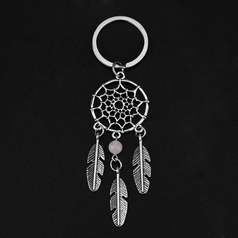 

Large Silver Tone Metal Dreamcatcher Keychain Pink Stone Bead Feather Keyring Pendant Jewelry Gift