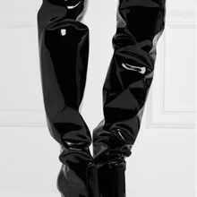 Прямые ботинки с высоким голенищем длина до колена острый носок сплошной черный на молнии Искусственная кожа Для женщин Высокие сапоги Для женщин зима