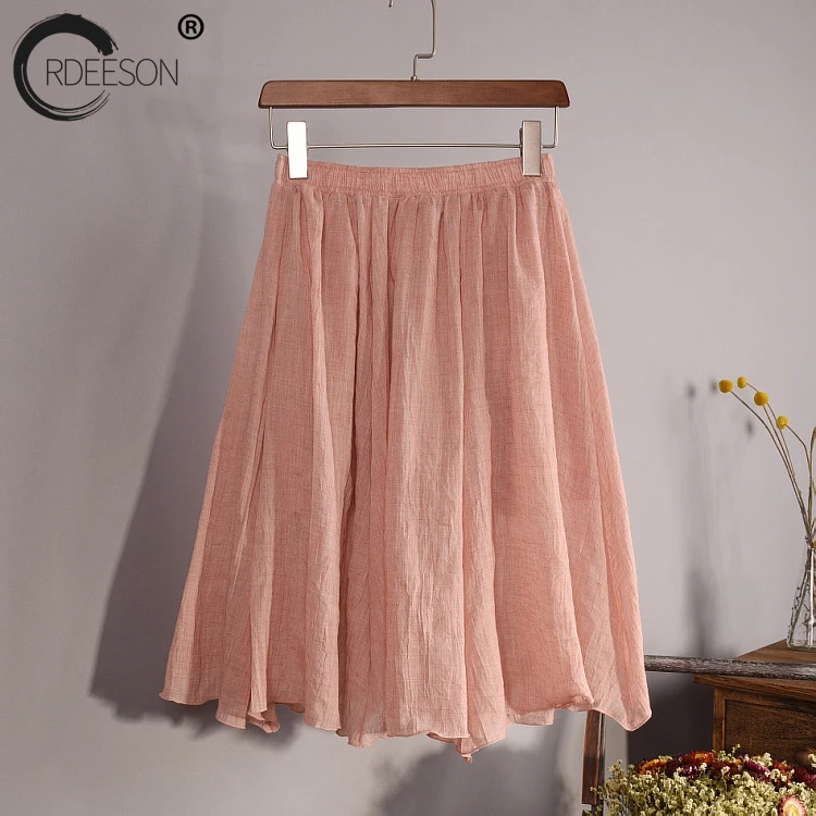ORDEESON 60cm Linen Midi Skirt High Waist Solid Folk-custom A Line Cotton Elasticity Pleated Skirts Boho Vintage | Женская одежда