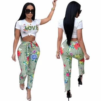 

2018 Summer Sexy 2 Piece Set Floral Striped Short Sleeve Crop Tops and Casual Drawstring Pants Skinny Women Set Clubwear
