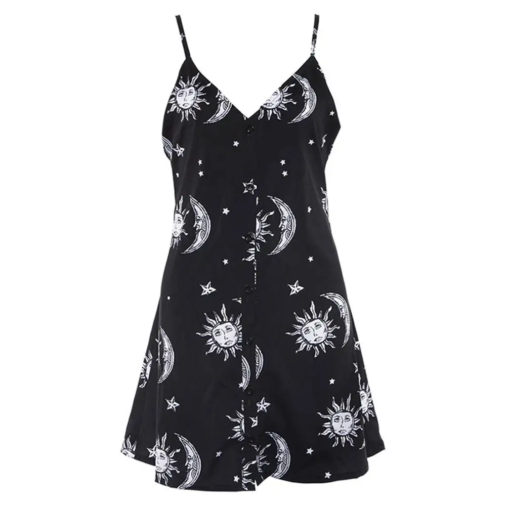 

Summer Women Dresses Fashion Sleeveless V-neck Sun Moon Printing Mini Dress Elegant Female A-line dress vestido