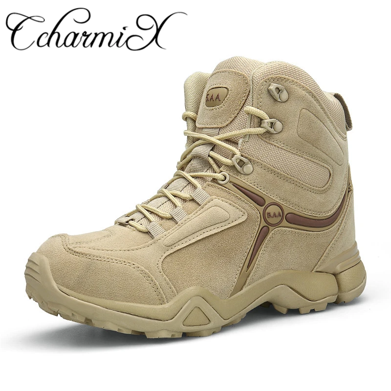 Goede CcharmiX Heren Schoenen Politie Tractical Laarzen Winter Lederen Militaire Enkellaarsjes Zomer Desert Veiligheidsschoenen mannen Schoeisel Combat
