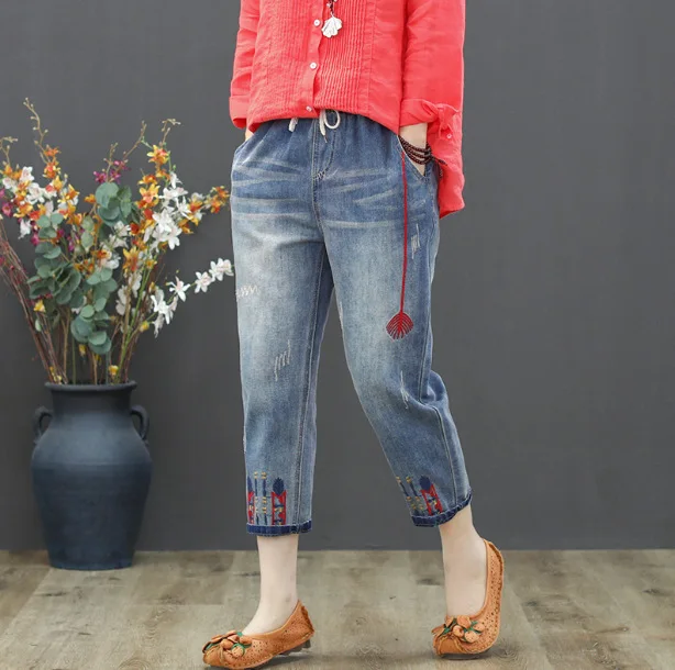 

BUYKUD Spring Autumn Women Casual Loose High Waist Embroidery Jeans Calf-Length Denim Pants Trousers Vintage Harem Pant