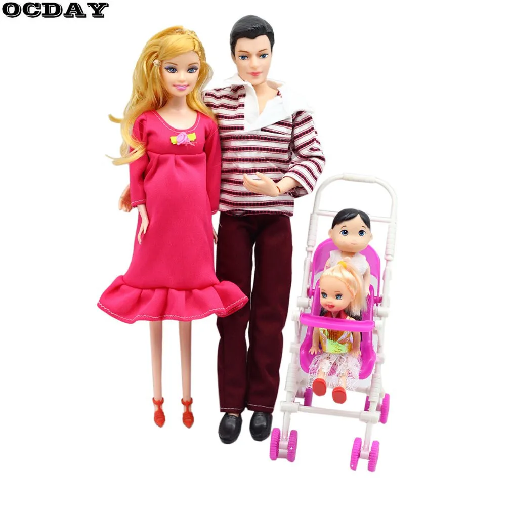 

OCDAY 5 People Dolls Suit Doll Family Members Pregnant Mom Dad Baby and 2 Kids Carriage Christmas Gift Doll Toys for Children