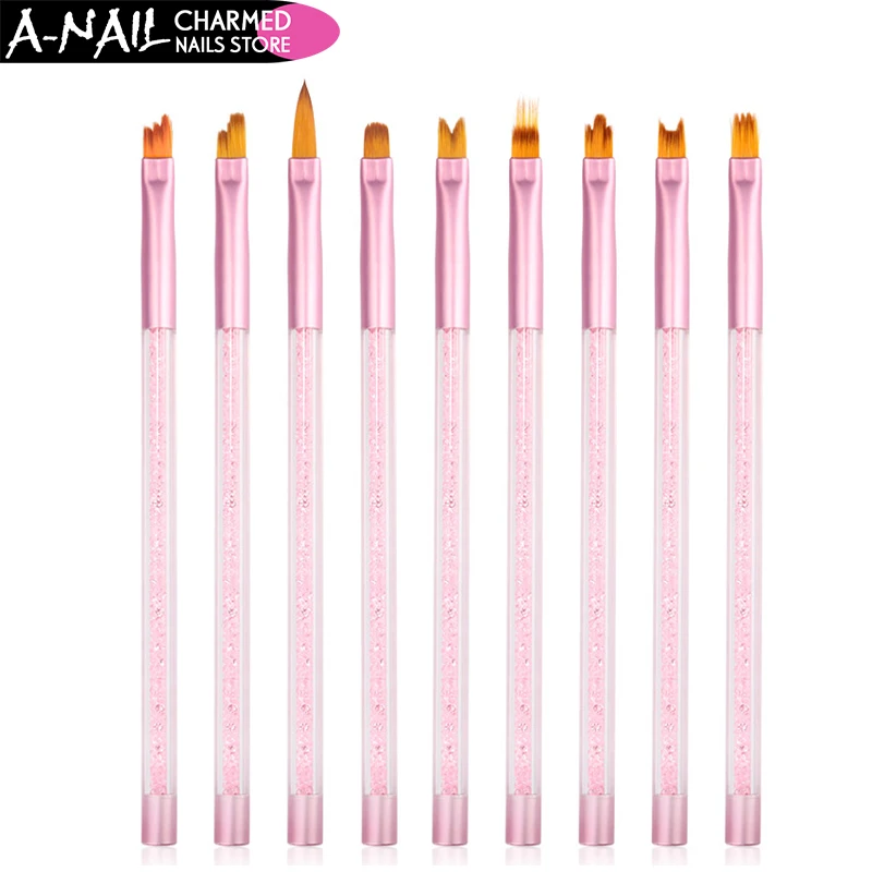 A-Nail 9 Pcs/set Gradient Acrylic Painting Brush UV Gel Flower Drawing Pen Pink Rhinestone Manicure Nail Art Tool | Красота и