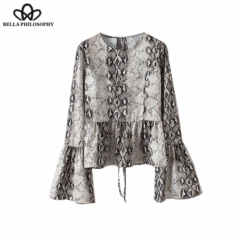 

Wonder Spring Long Flare Sleeve Snake Blouse Vintage Sexy Female Backless Animal Print Blouse Casual Lace-Up Lady Tops