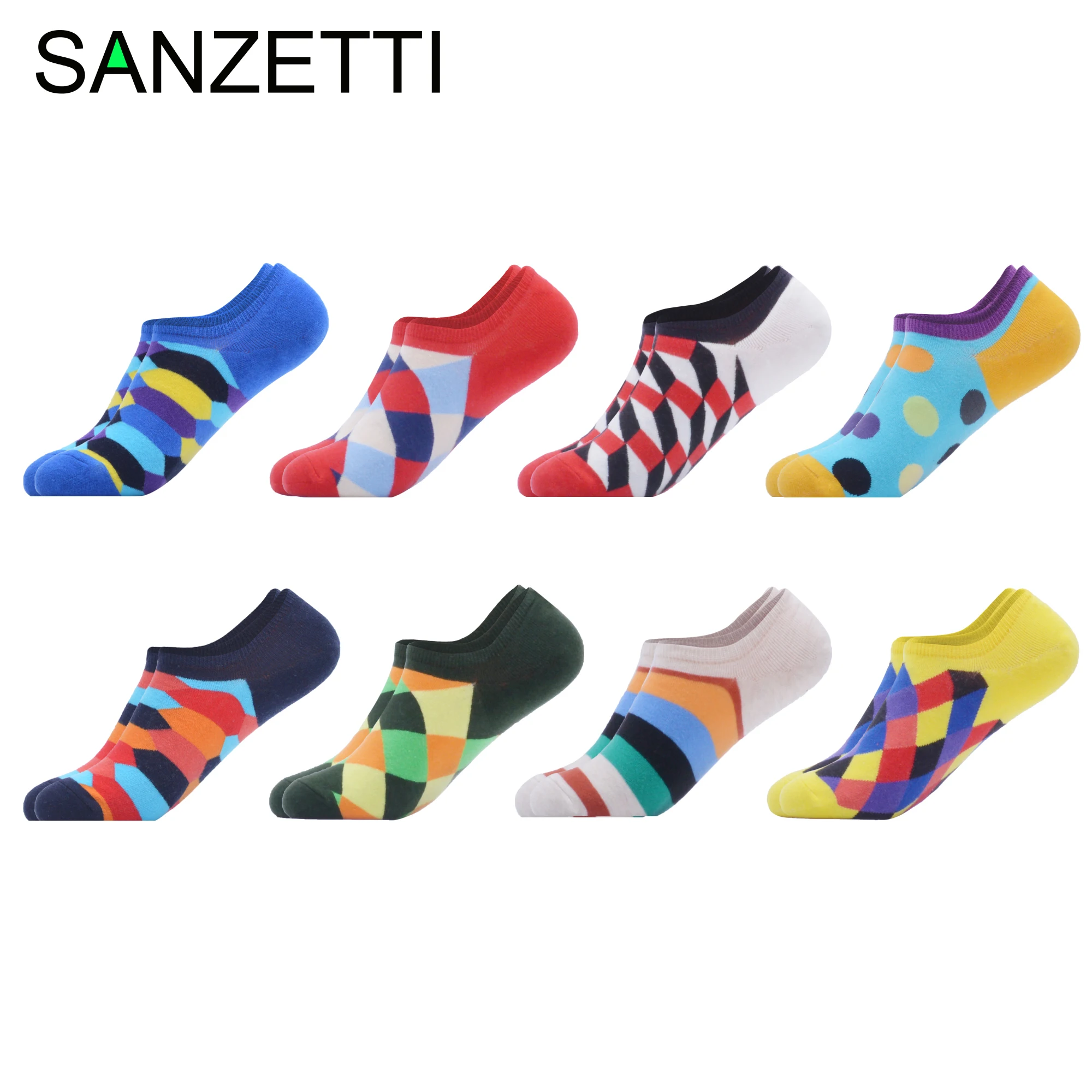 

SANZETTI 8 Pairs/Lot Men Casual Summer Colorful Invisible Socks Happy Combed Cotton Socks Novelty Creative Sweat Tend Boat Socks
