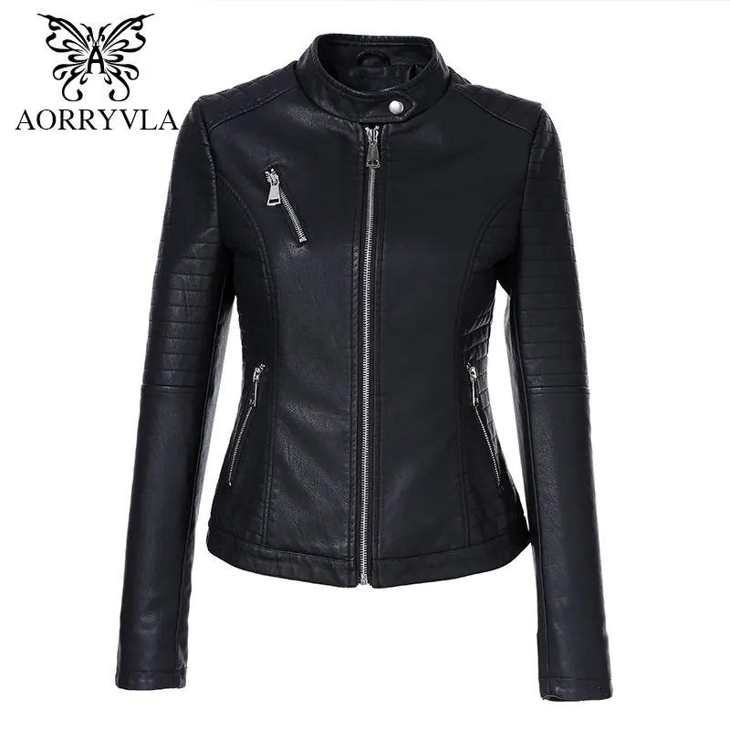 

AORRYVLA 2019 New Autumn Women's Leather Jackets Brands Short Black Mandarin Collar Zipper Biker Slim Female Faux Leather Jacket