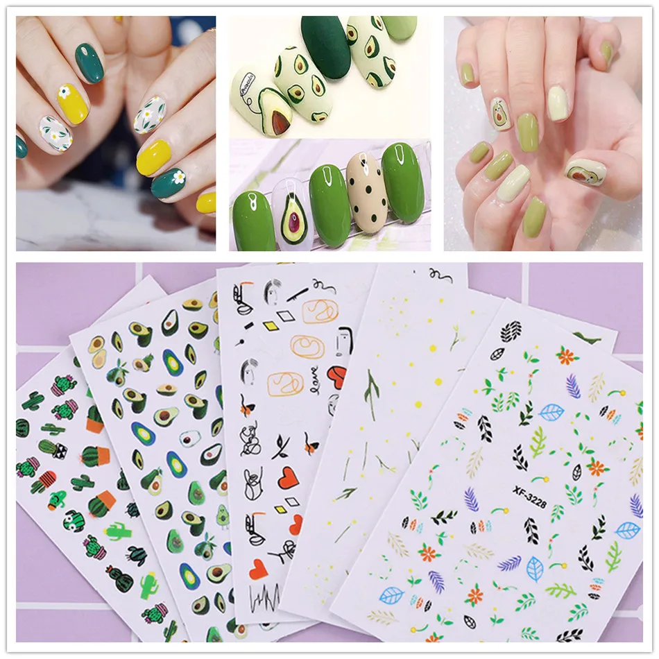 

Mixed Design New Nail Art Sticker Manicure Decorations Self-Adhesive Back Glue Decal with Avocado Leaves Flowers Fresh Summer