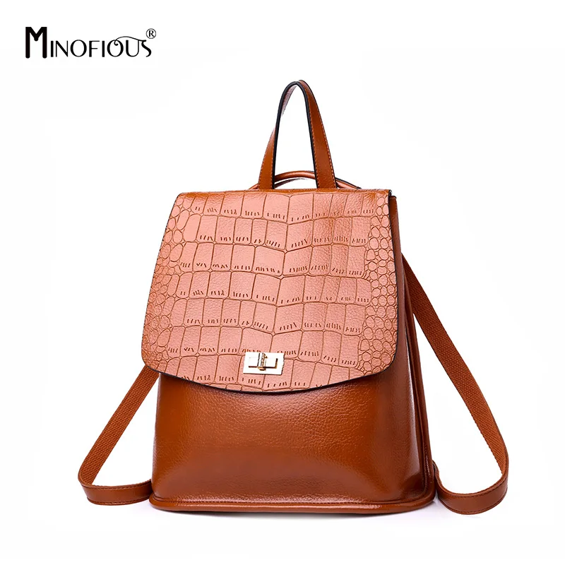 

MINOFIOUS Alligator PU Leather Womens Backpack Solid School Bag for Teenager Girl Women New Fashion Casual College Backpacks