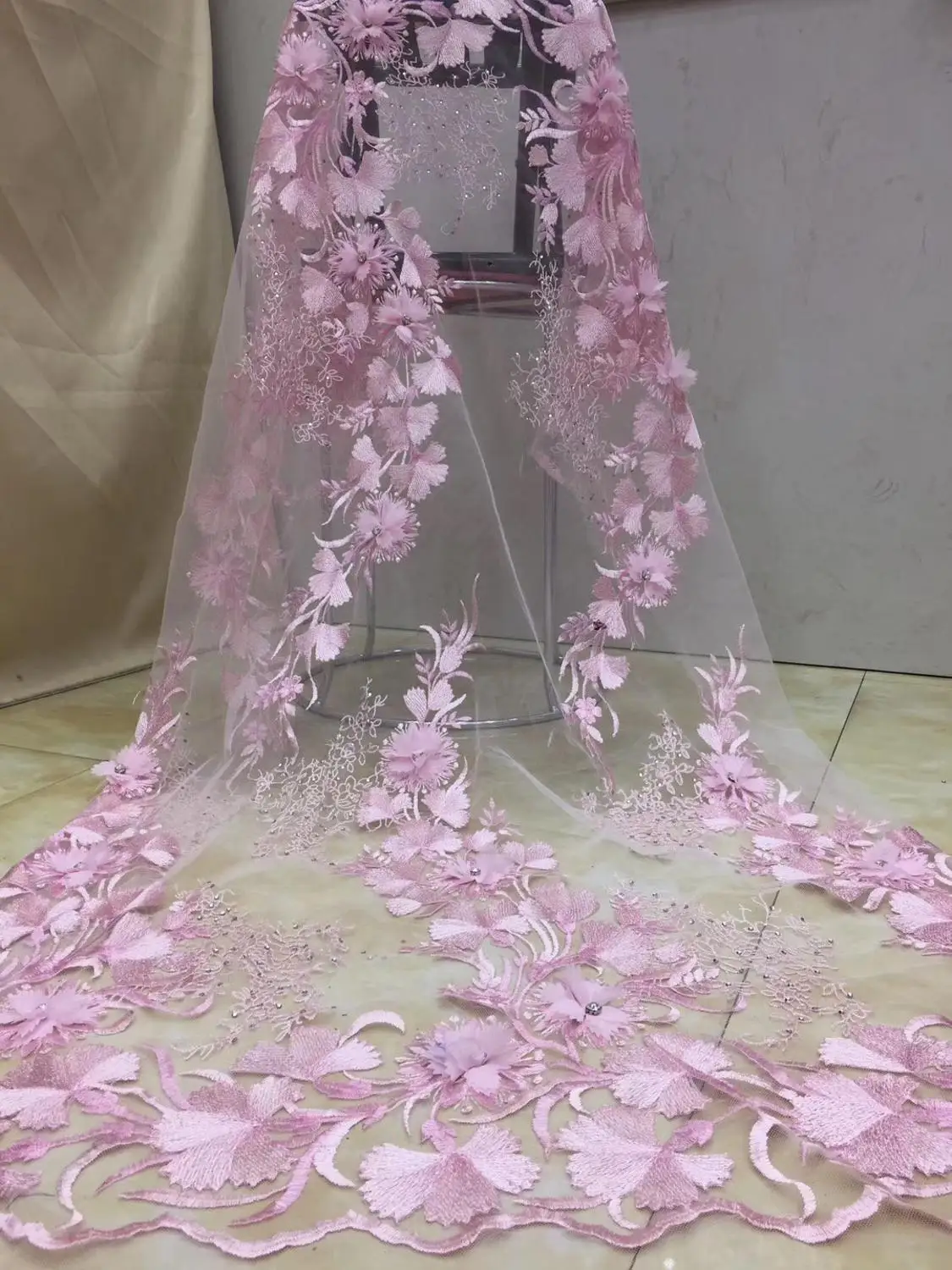 

French Net Lace Fabric with beads hot sale pink embroidery mesh fabric 3d flower nigerian tulle lace fabric