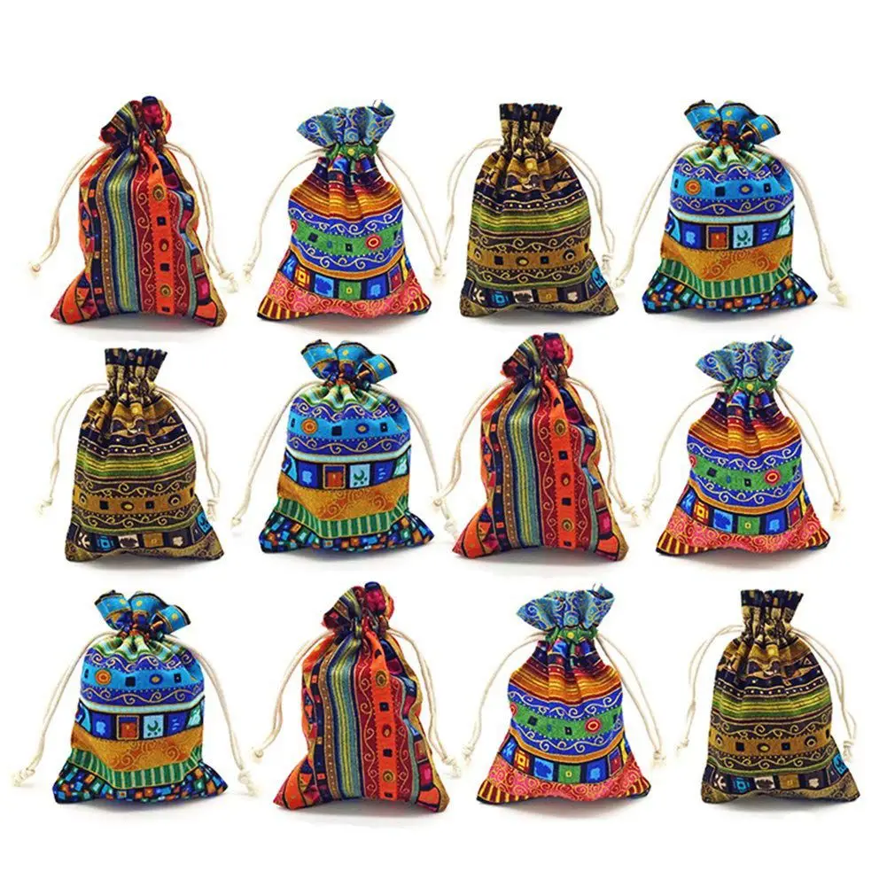 

12pc Egyptian Style Jewelry Coin Pouch Print Drawstring Gift Bag Cotton Sachet Candy Travel Purse Ethnic