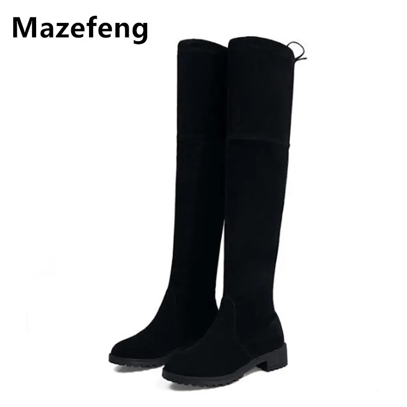 

Mazefeng Womens Winter Fashion 2018 Thigh High Boots Square Heel Mature Style Women Over The Knee Boots Lace-Up With Velvet