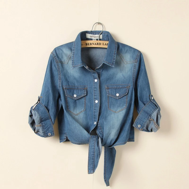 

Spring Summer Korean Style Short Shawl Shirt 2018 Women Denim Bow Jeans Small Cape Shirts BS063