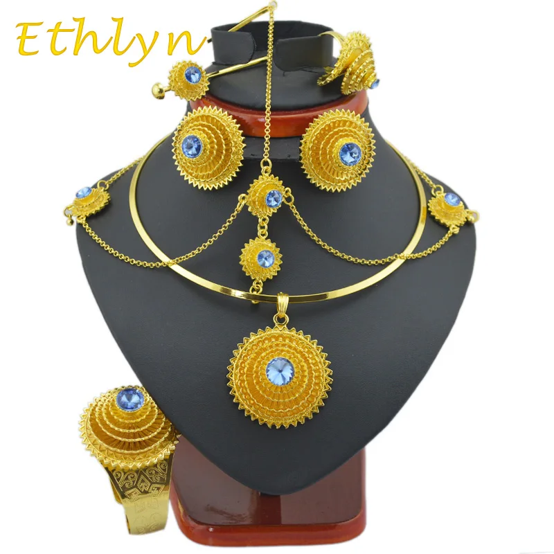 Ethlyn big Fashion Ethiopian jewelry sets with hair pcs Gold Color stone jewelry sets for Ethiopian women accessories S97A