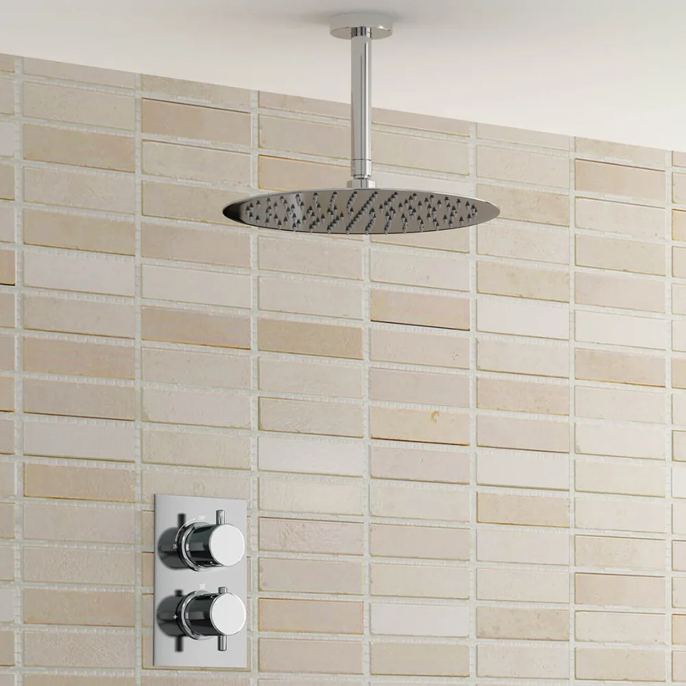 

Round 12" Ceiling Mixer Shower Ultra Thin Head Chrome Bathroom Thermostatic Valve Shower Set