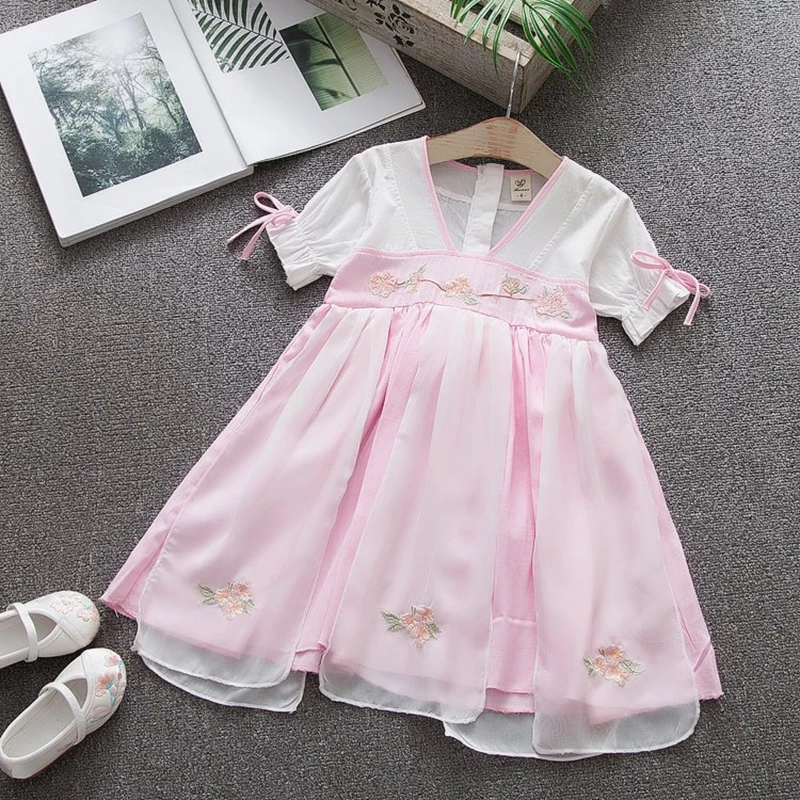 

2019 Summer Chinese Style Baby Girls Short Sleeve Floral Print Vintage Hanfu Dress Children Kids Princess Dresses vestidos