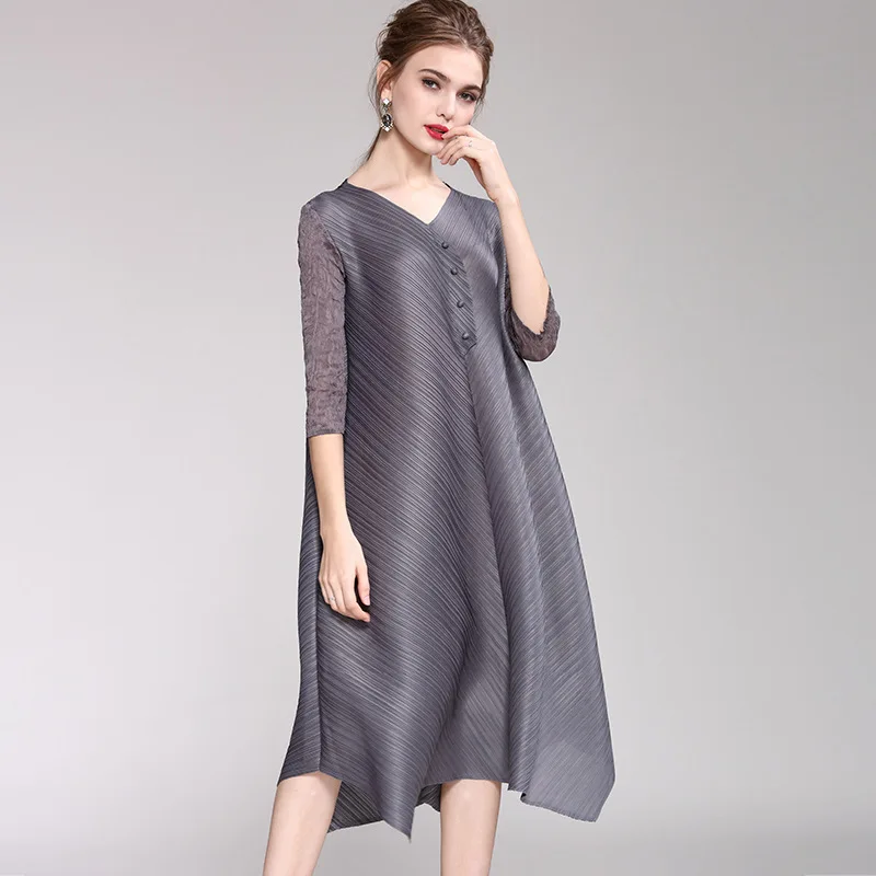LANMREM весна лето плиссированная Одежда Для Женщин Половина рукава V воротник мода нерегулярные свободные платья высокого качества NA899 - Цвет: gray