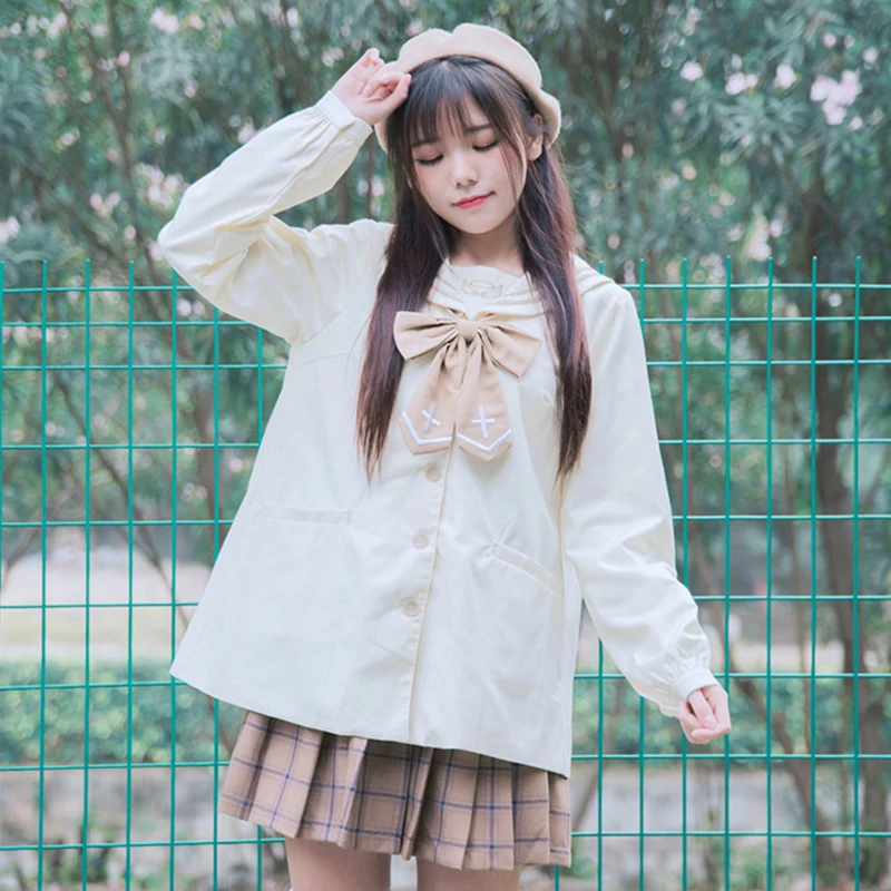 

Japanese Sweet Bow Tie Embroidery Solid School Style Jackets Women Casual Loose Sailor Collar Wide Waisted Jacket Coats V268
