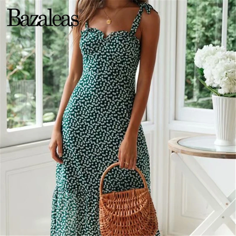 

Bazaleas sleeveless Chiffon Casual women Beach summer dresses Center Bow Ruffles Women Midi dress Drop shipping