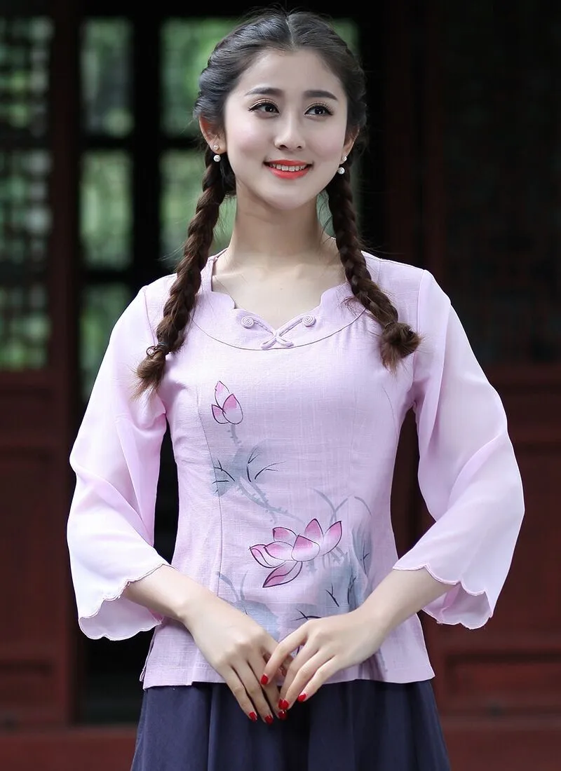 

Light Purple Chinese Womens Shirt New Cotton Linen Tops Mandarin Collar Blouse Lady Clothing Dress Flowers Casual Top S-XXXL