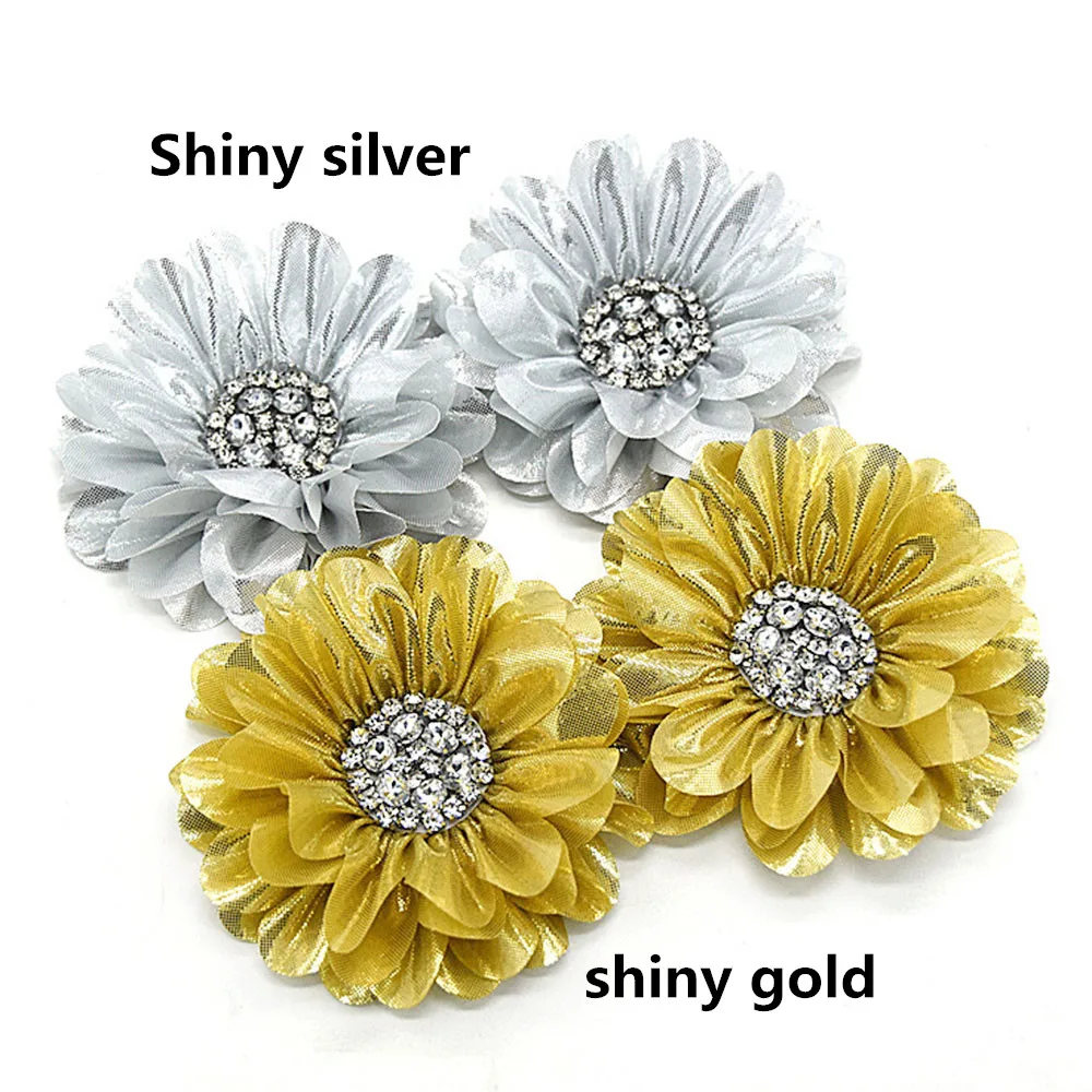 

20 pcs/lot , 5'' shiny shabby flower with rhinestone, shiny petal flower for headwear hair fashion apparel accessories