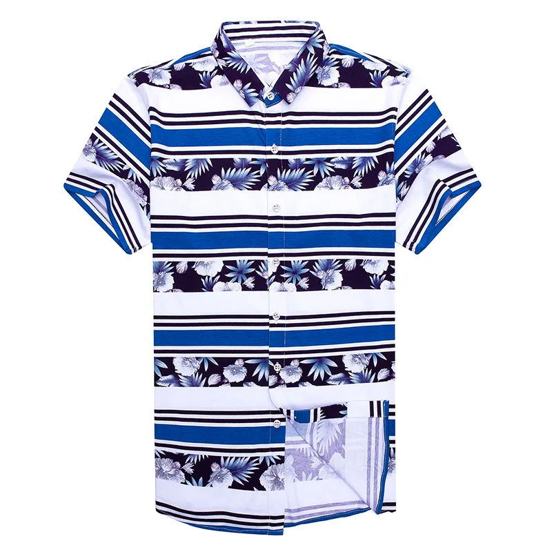 

Summer Short Sleeve Hawaiian Shirt Brand Mens Fashion Lapel Striped Floral Shirts Casual Silm Fit Flower Print Camisa Masculina