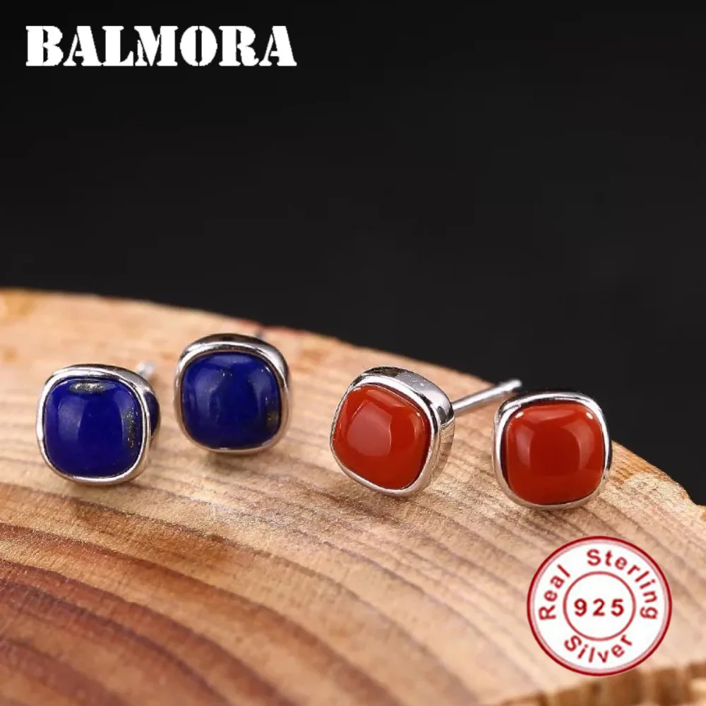 

BALMORA 1 Pair Real 925 Sterling Silver Lapis Lazuli Retro Stud Earrings for Women Lady Special Gift Elegant Fashion Jewelry