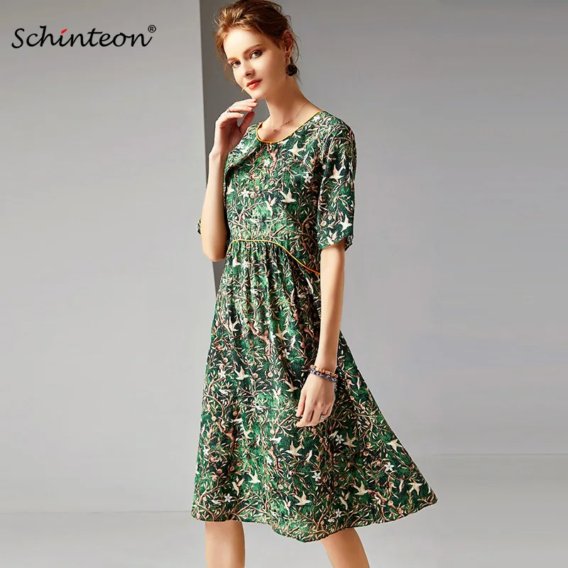 

2019 Schinteon Spring 100% Real Silk A-line Printing Dress O-Neck Half Sleeve Dress Green M-2XL New Arrival