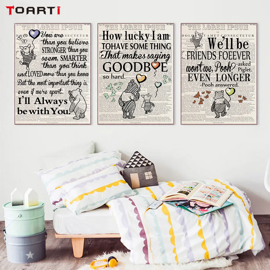 Pooh Bear Newspaper Scribble Love Quotes Wall Poster Scandinavian Art Prints Nursery Painting Decor For Kids Room Christmas Gift (3)