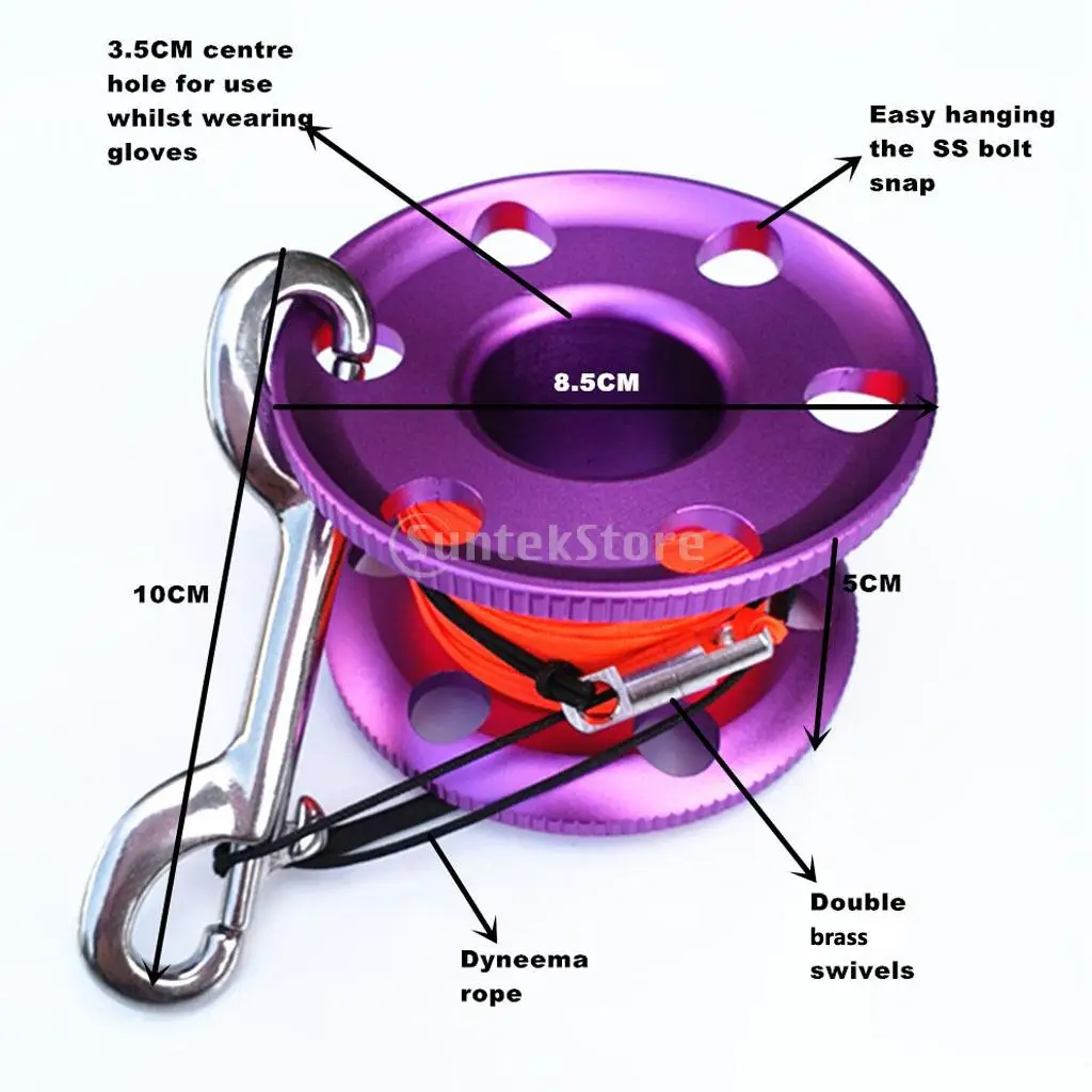 Scuba Diving Aluminum Alloy Finger Spool Guide Line Reel + 30m High Visibility Line & 10cm Stainless Steel Double End Bolt Snap