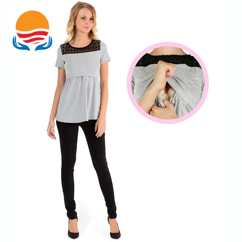 LXXU Fashion Multi Function Mommy Breastfeeding Clothes Lace Patchwork Short Sleeves Polyester Material Mummy T Shirt