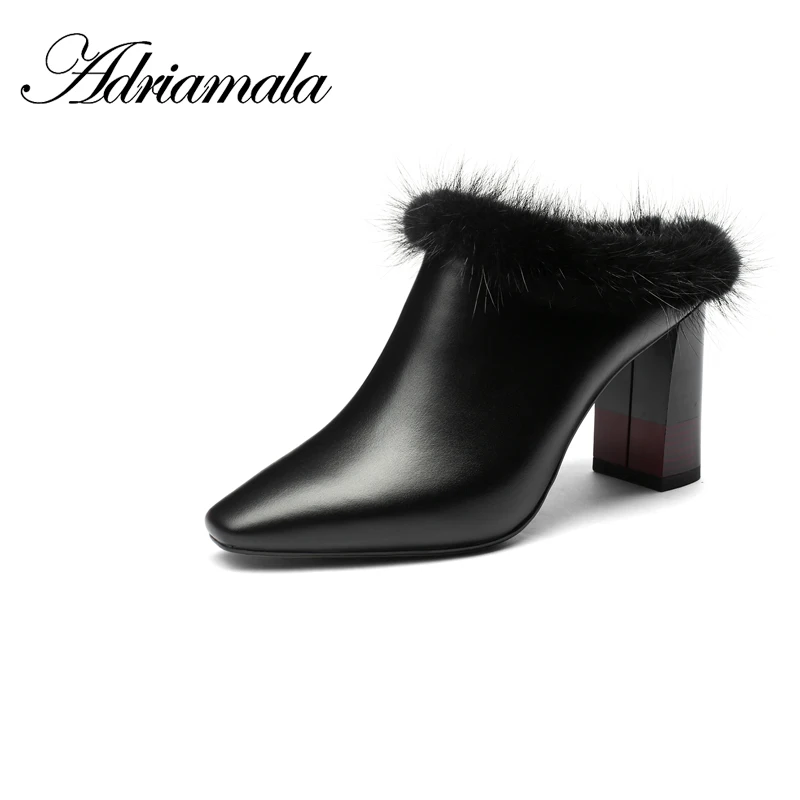 

2018 Genuine Leather Ladies High Heel Boots Pointed Toe Round Heels Fur Cow Leather New Ankle Boots Women Fashion Adriamala