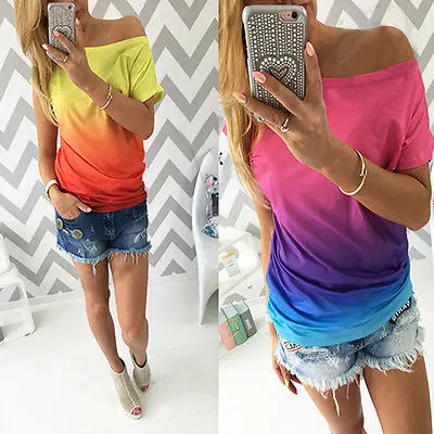 

2016 New Style Summer Women Tops Fashion Female Shirts Short Sleeve Gradient Color Print T-Shirt Casual Street Wear T Shirt s-XL