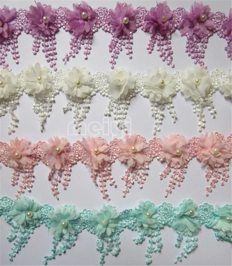 1yd Soluble Fringe Pearl Chiffon Embroidered Lace Trim Ribbon Fabric Sewing Craft Patchwork Handmade DIY For Costume Decoration