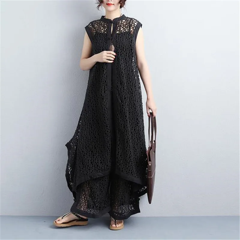 BUYKUD 2018 Summer Women Hollowed Black Suit Sleeveless Stand Collar Long Thin Coat Wide Leg Ankle-Length Pants Two Piece Set Women's Sets