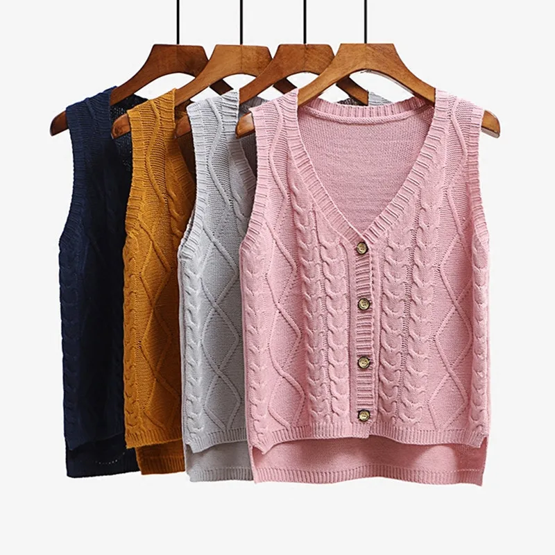 

Solid Loose Pink Lady's Sweater Cardigan Big Size Women's Knitted Waistcoat Single-breasted V-neck Sleeveless Vest Female Gilet