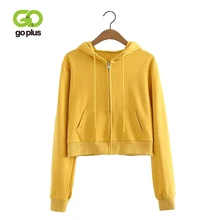 GOPLUS Women Crop Short Sweatshirt Long Sleeve Cropped Hooded Hoodie Drawstring Female Zip Up Pockets Autumn Winter Hoodie C6637
