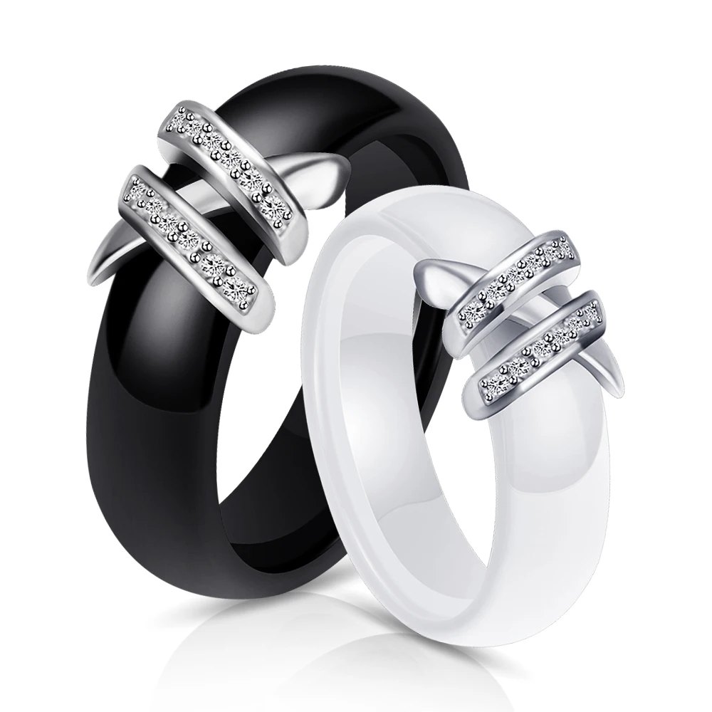 Новое поступление 6 мм Высокое качество черный и белый простой стиль две линии Кристалл Ziron керамические кольца для женщин модные ювелирные изделия подарок