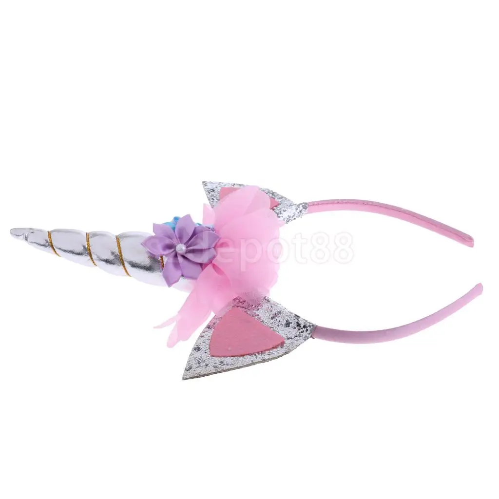 Girls Magical Unicorn Horn Ears Headband Fancy Dress Costume Glitter Gold/silver