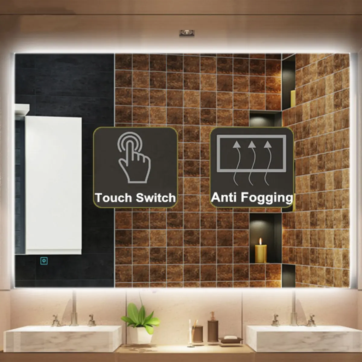 

Bathroom Bath LED Wall Mirror Illuminated Light Anti-Fog Makeup Mirror Lights Rectangle Shower Washroom Mirror Bathroom Fixtures