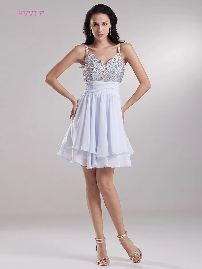 

Sky Blue 2019 Homecoming Dresses A-line Spaghetti Straps Chiffon Sequins Crysals Backless Elegant Cocktail Dresses