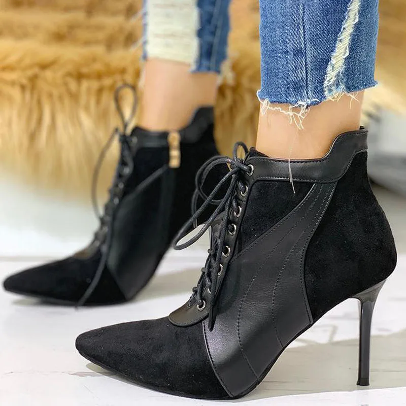

Women Black High Heels Flock Gladiator Heels Autumn Ladies Shoes Female Fashion Pointed Toe Sandals Party Wedding Short Boots