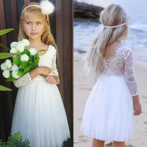 

2018 Brand New Kids Baby Girls Dress Lace Tulle Floral Long Sleeve Backless Party Dress Cute Pageant Princess Wedding Dress 1-6T