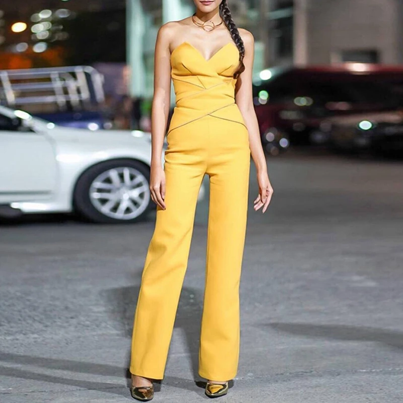 

2019 New Yellow Jumpsuit Women Sexy Strapless Backless Drapped Full Length Pant Party Bodycon Office Ladies Formal Jumpsuits