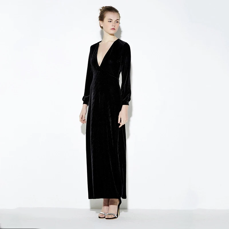 Black Velvet Long Sleeved Plunge Neck Maxi Dress