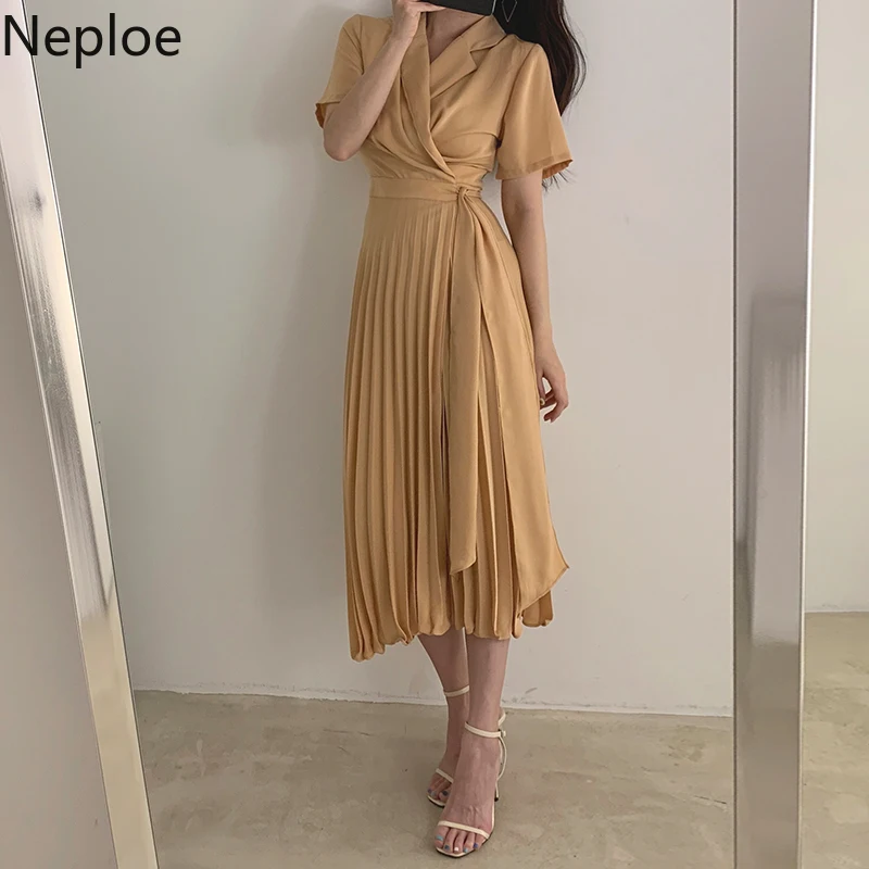 Neploe Элегантное летнее платье с зубчатым воротником корейское Бандажное