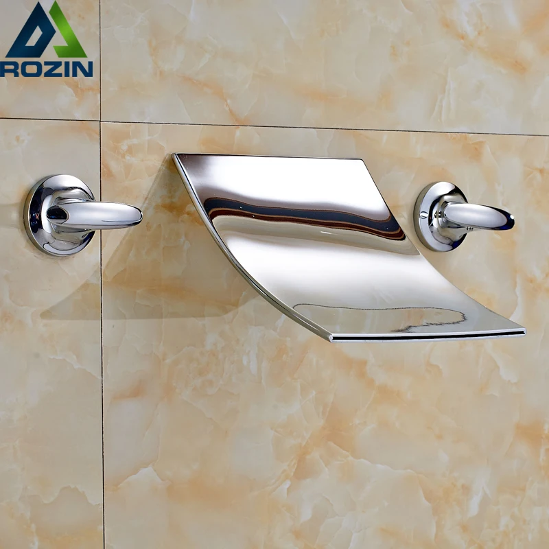 

Polished Chrome Waterfall Flow Bathroom Sink Basin Mixer Faucet Double Handles Wall Mounted Mixer Taps
